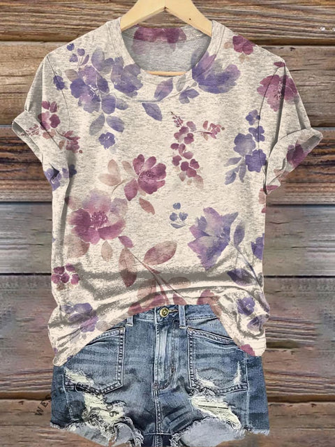 Pink Watercolor Flower Simple Print Casual T-Shirt
