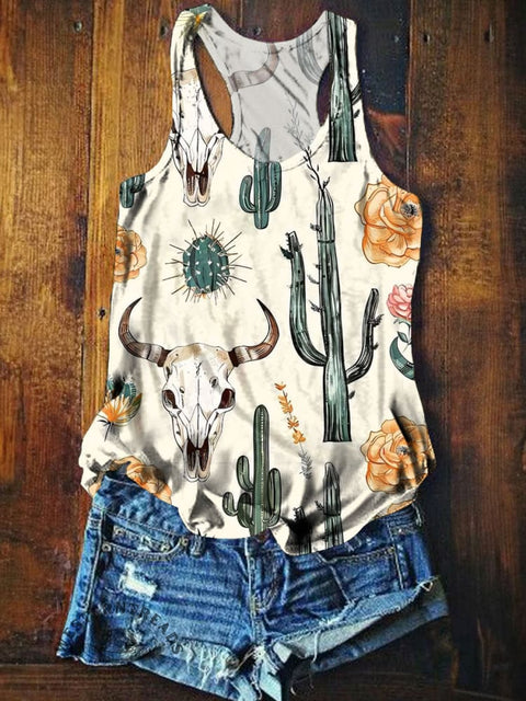 Women's Wild Cow Cactus Print Casual Tank Top