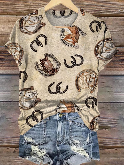 Retro Horseshoe Horse Print Casual T-Shirt