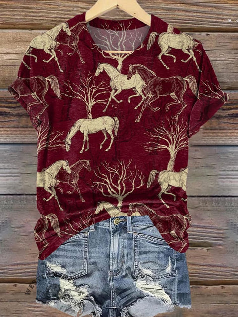 Retro Horse Forest Print Casual T-shirt