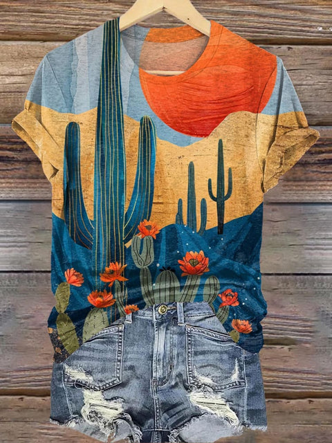 Retro Wilderness Sunset Print Casual T-shirt