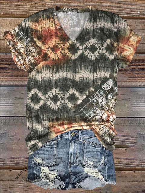 Retro Diamond Textured Print Casual V-Neck T-Shirt