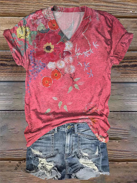 Retro Floral Graffiti Print Casual V-Neck T-Shirt