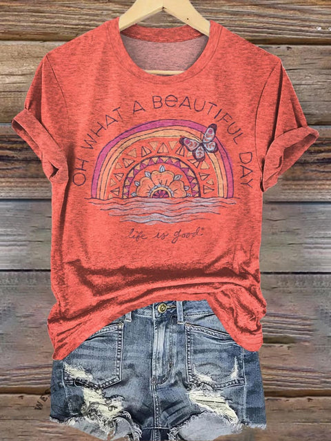 Retro Rainbow Butterfly Graffiti Print Casual T-shirt