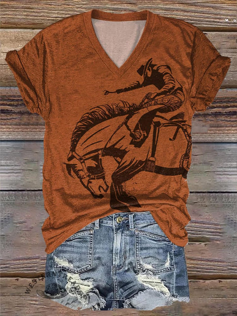 Retro Denim Simple Printed Casual V-Neck T-Shirt