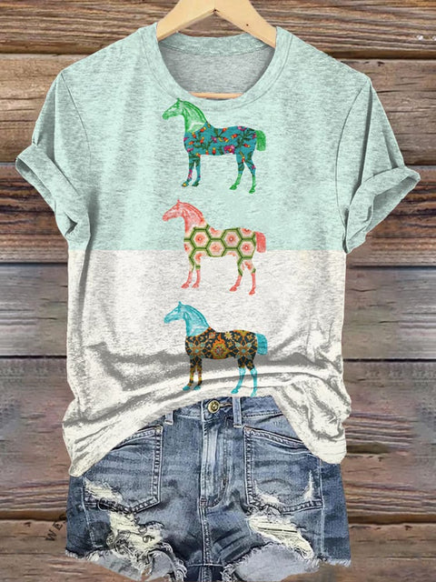 Simple Floral Horse Printed Casual T-Shirt