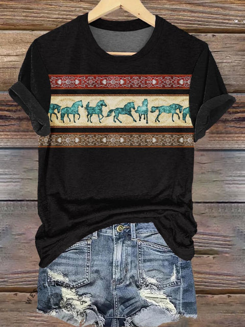 Simple Horse Stripe Print Casual T-Shirt