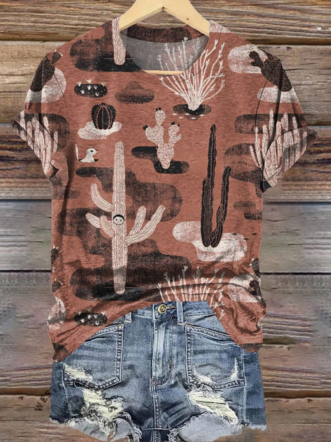Simple Cactus Illustration Print Casual T-shirt