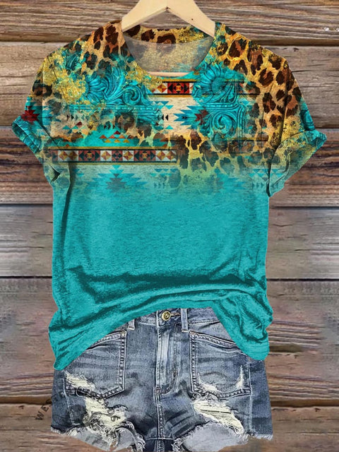 Turquoise Leopard Ethnic Print Casual T-shirt