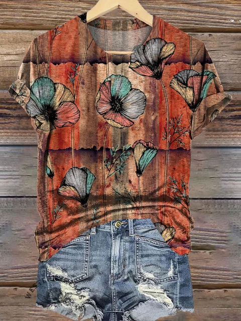 Retro Flower Texture Print Casual T-shirt