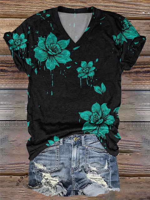 Simple Flower Printed Casual V-Neck T-Shirt