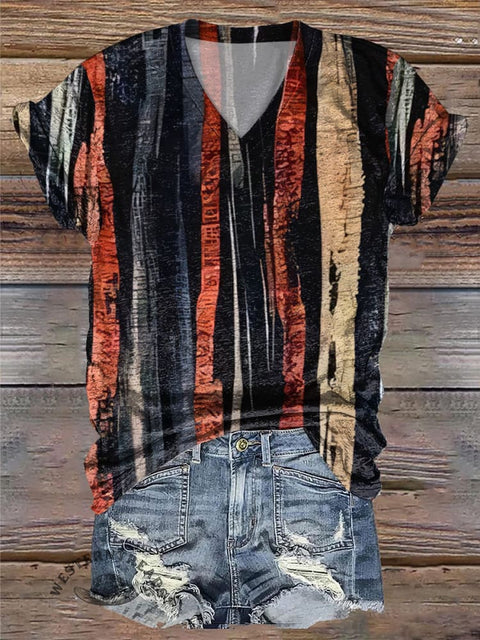 Retro Stripe Printed Casual V-Neck T-Shirt