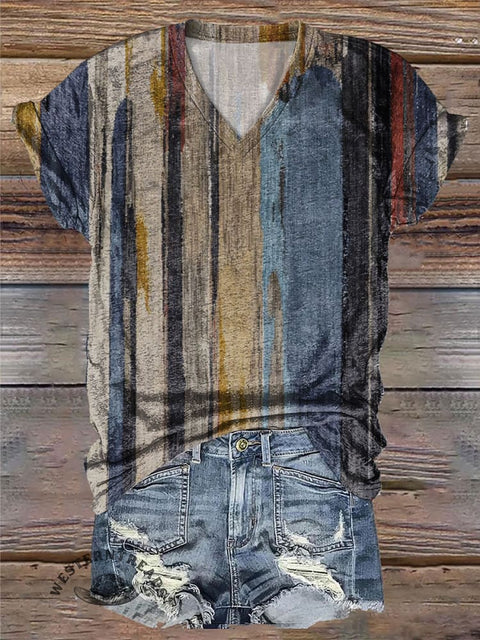 Retro Striped Texture Printed Casual V-Neck T-Shirt