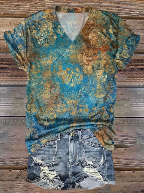 Retro Pattern Texture Print Casual V Neck T-shirt