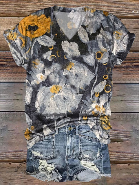 Floral Graffiti Print Casual V-Neck T-Shirt