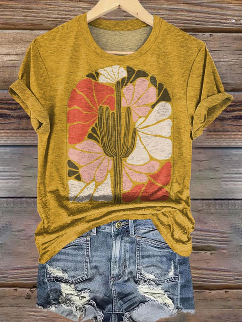 Simple Cactus Flower Print Casual T-shirt