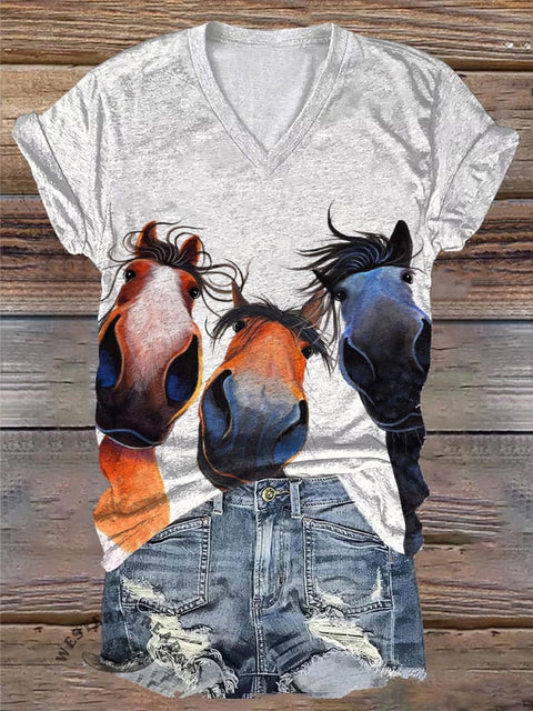 Fun Horse Head Print Casual V-Neck T-Shirt