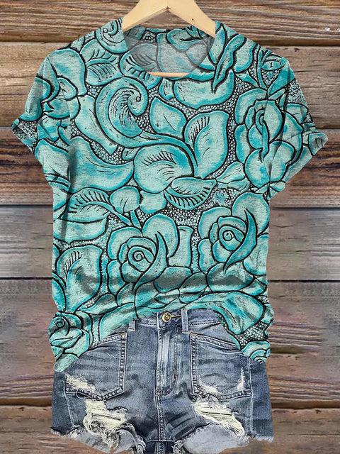 Turquoise Floral Embossed Printed Casual T-Shirt