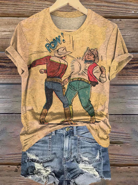 Retro Fun Denim Illustration Printed Casual T-Shirt