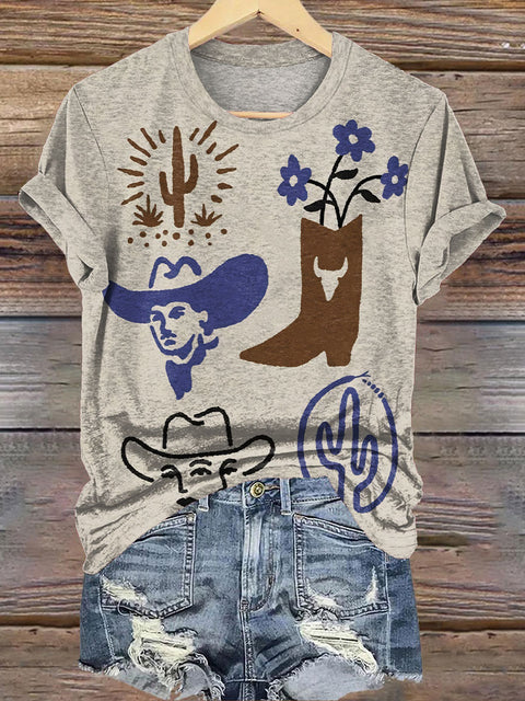 Simple Denim Graffiti Printed Casual T-Shirt