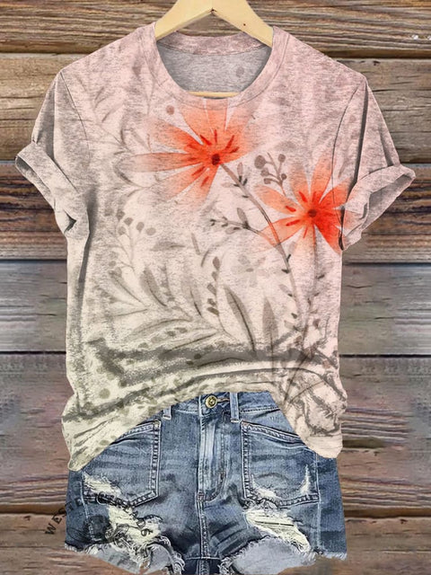 Simple Floral Printed Casual T-Shirt