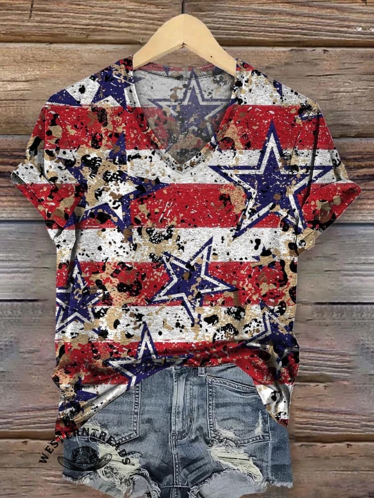 Retro Star Stripe Pattern Printed Casual T-shirt