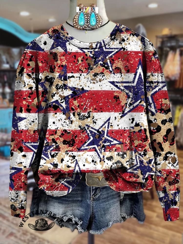 Retro Star Stripe Pattern Printed Casual T-shirt