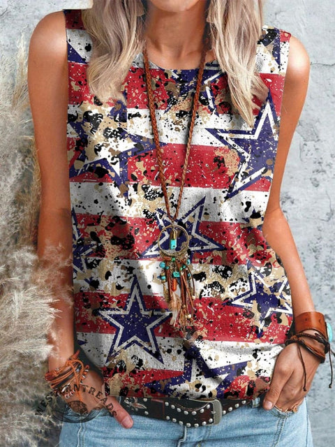 Women's Retro Star Stripe Leopard Print Casual Tank Top