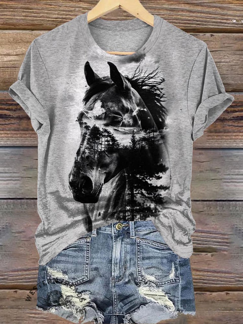 Retro Horse Landscape Print Casual T-shirt