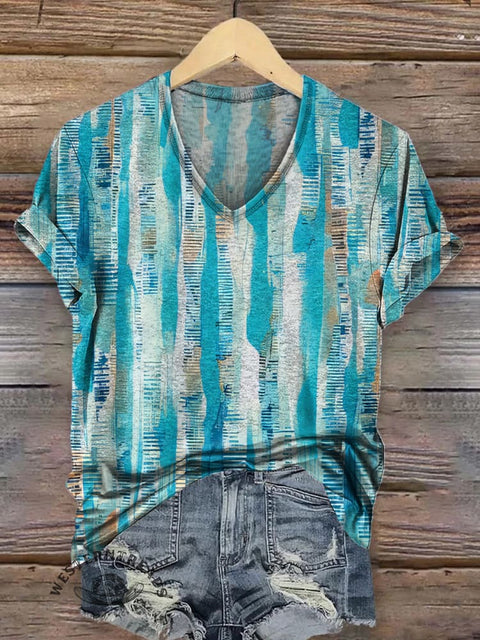 Retro Striped Texture Printed Casual V-Neck T-Shirt
