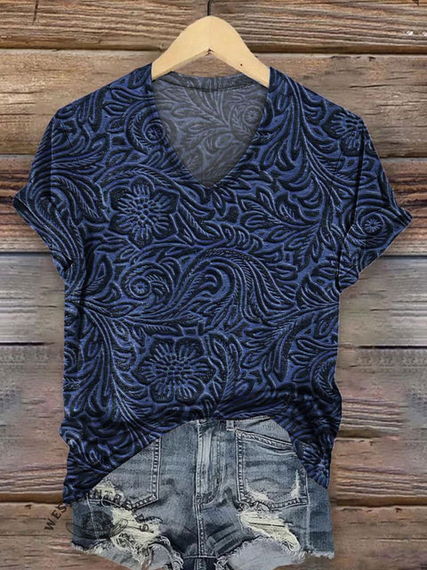Retro Blue Floral Textured Print Casual V-Neck T-Shirt