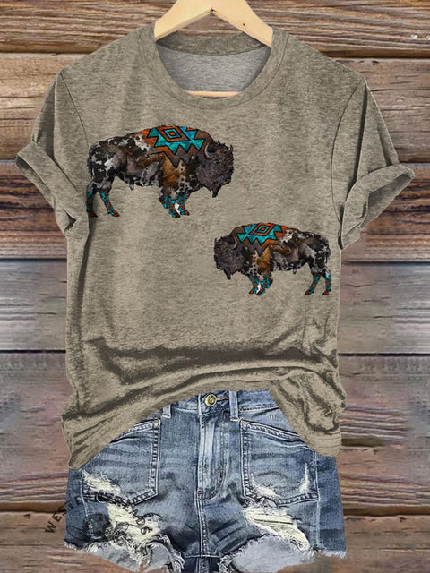 Retro Pattern Cow Bull Print Casual T-shirt