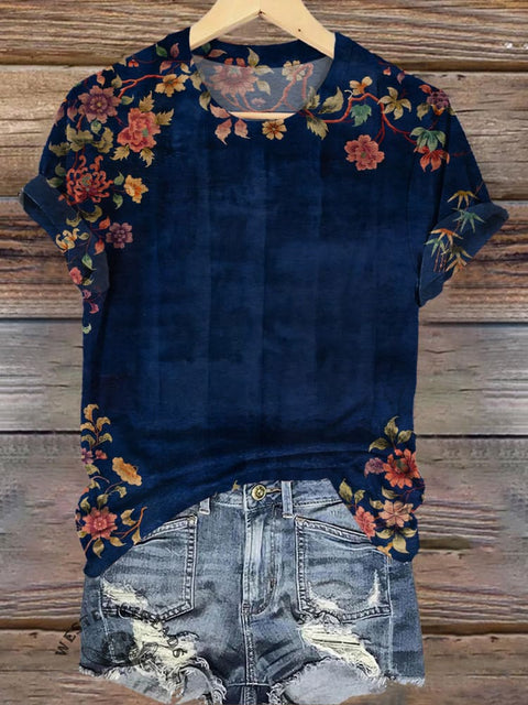 Retro Floral Print Casual T-shirt