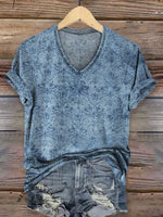 Retro Blue Pattern Printed Casual V-Neck T-Shirt
