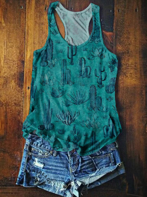 Retro Blue Wilderness Print Casual Tank Top