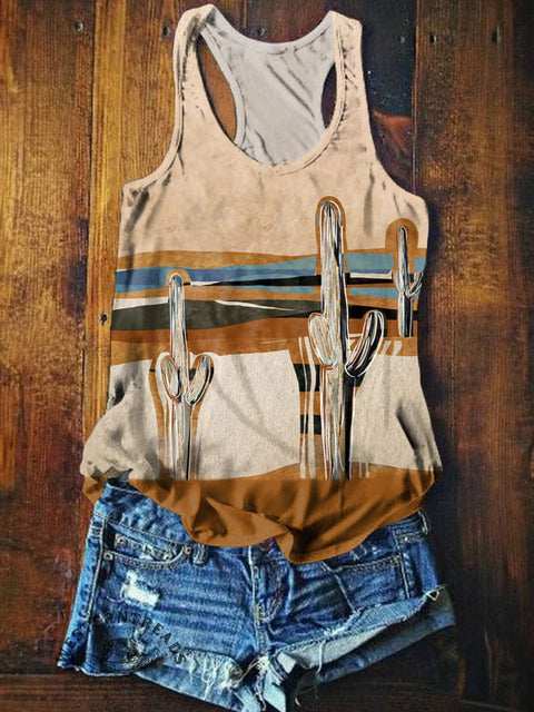 Simple Wilderness Cactus Print Casual Tank Top