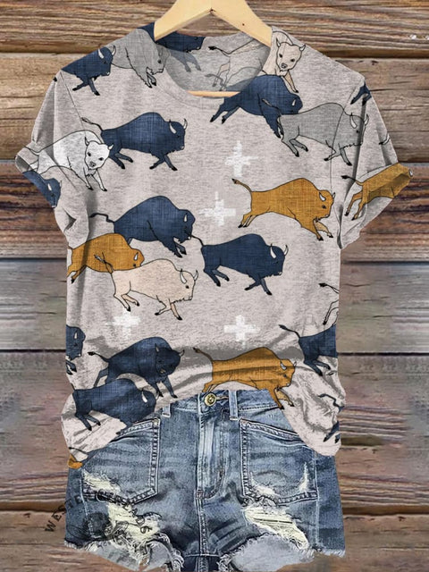 Retro Ethnic Bulls Cows Pattern Print Casual T-shirt