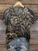 Retro Pattern Printed Casual V-Neck T-Shirt