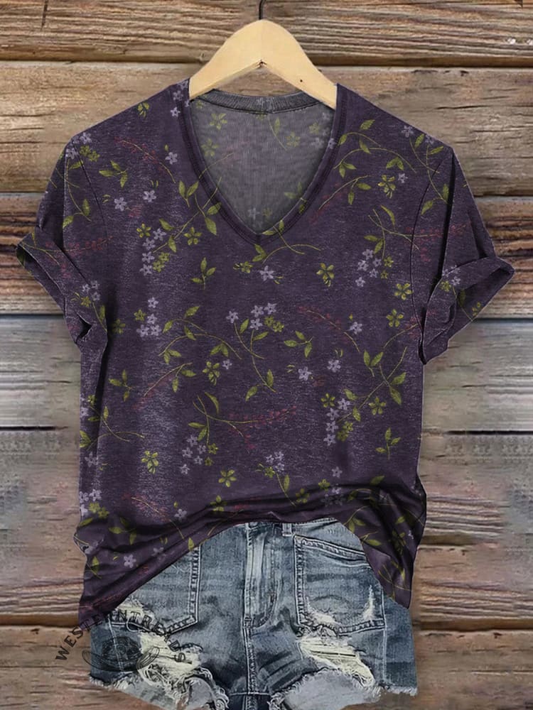 Purple Retro Floral Short Sleeve T-Shirt for Women