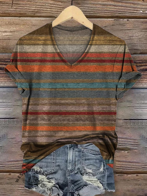 Retro Stripe Printed Casual V Neck T-Shirt