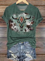 Retro Bull Skull Texture Graphic Print Casual T-shirt