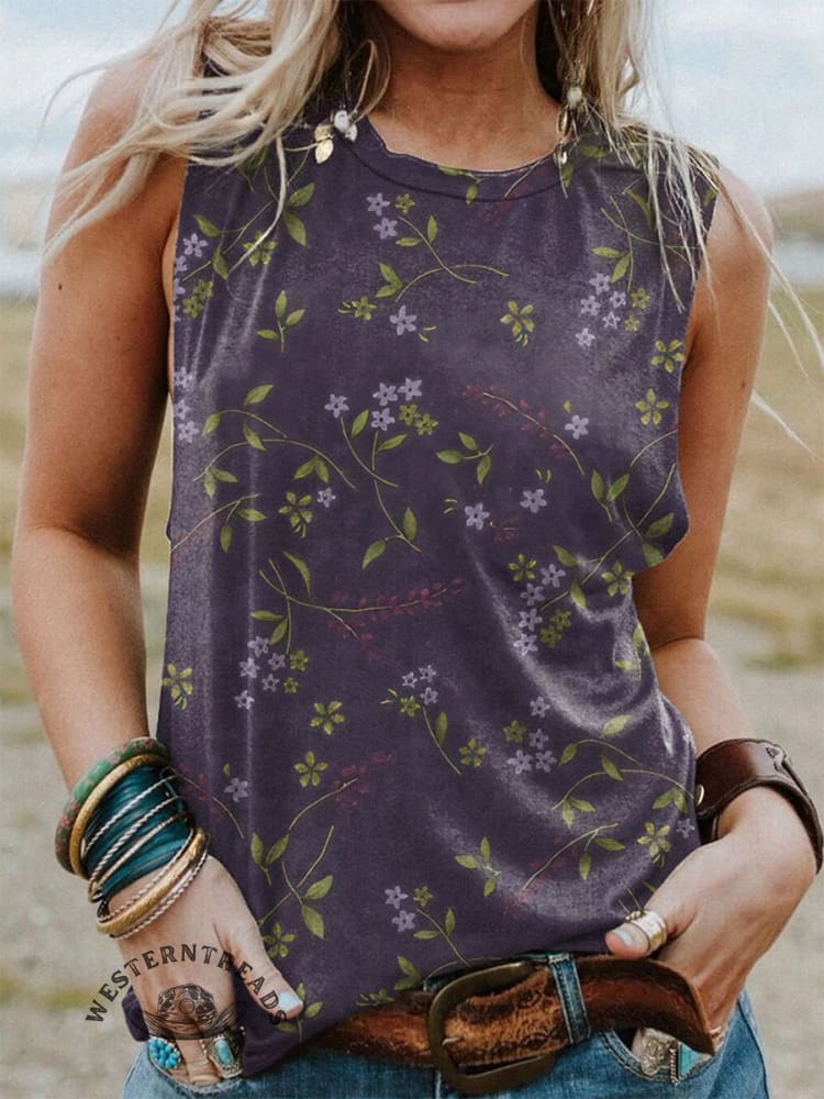 Retro Floral Pattern Printed Casual V-neck T-shirt