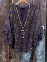 Retro Floral Pattern Printed Casual V-neck T-shirt