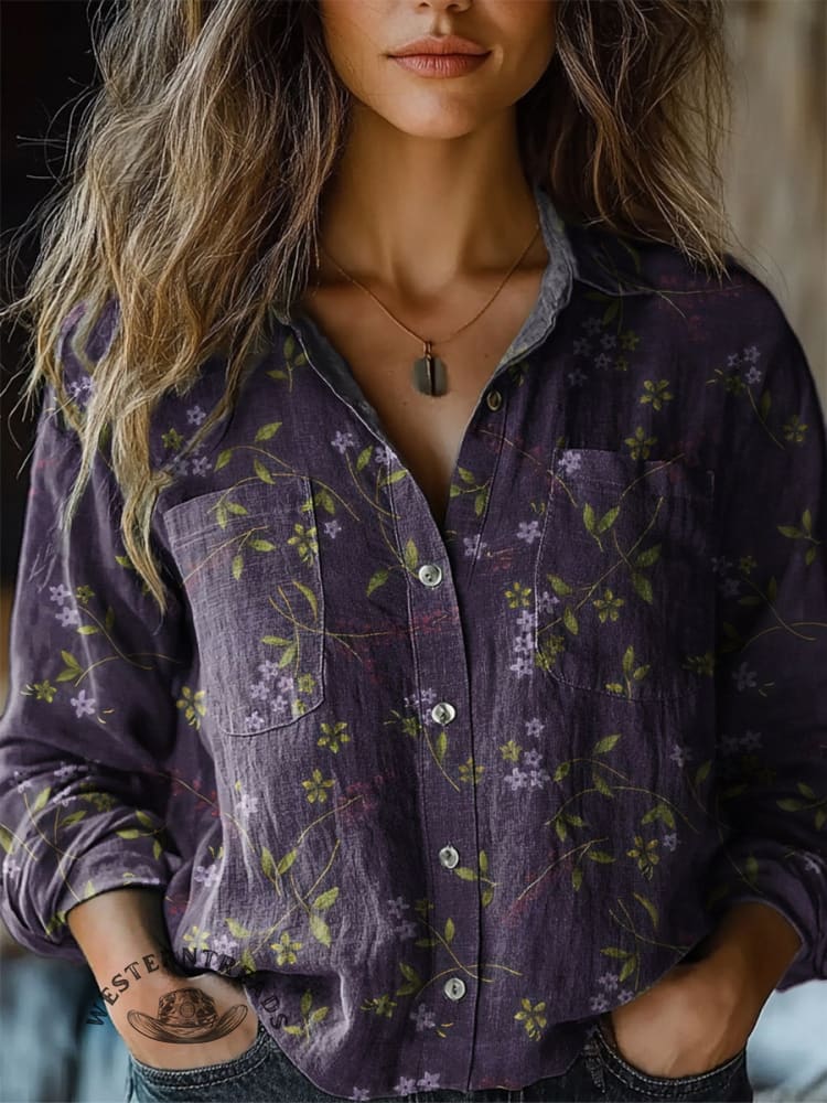 Retro Floral Pattern Printed Casual V-neck T-shirt