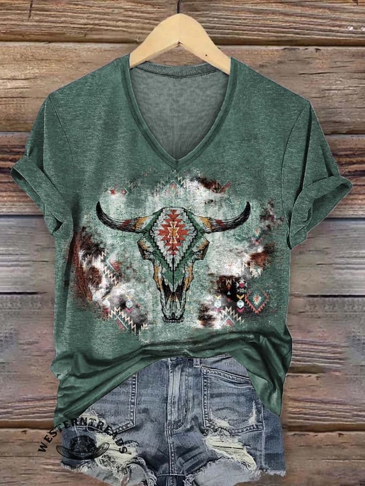 Retro Bull Skull Texture Graphic Print Casual T-shirt