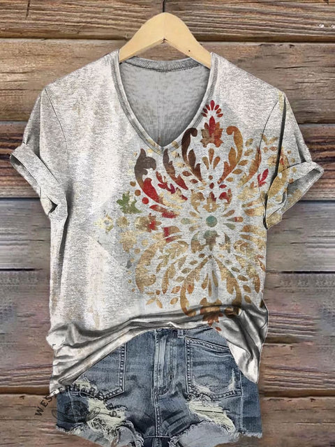 Simple Retro Pattern Print Casual V-neck T-shirt