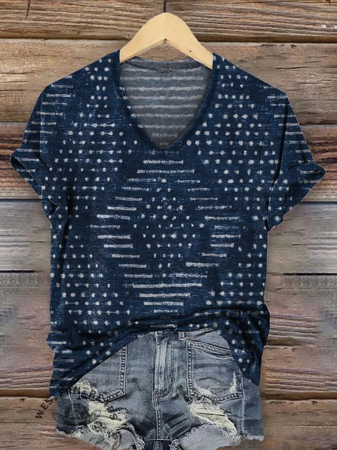 Retro Line Pattern Printed Casual V-Neck T-Shirt