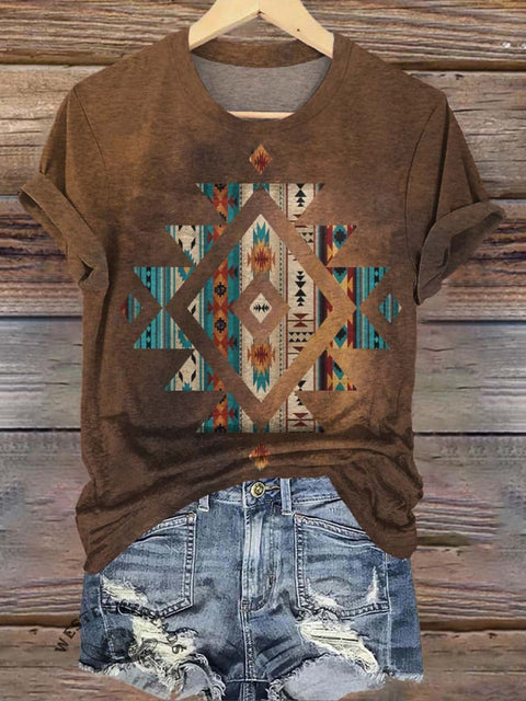 Western Aztec Printed Casual T-Shirt