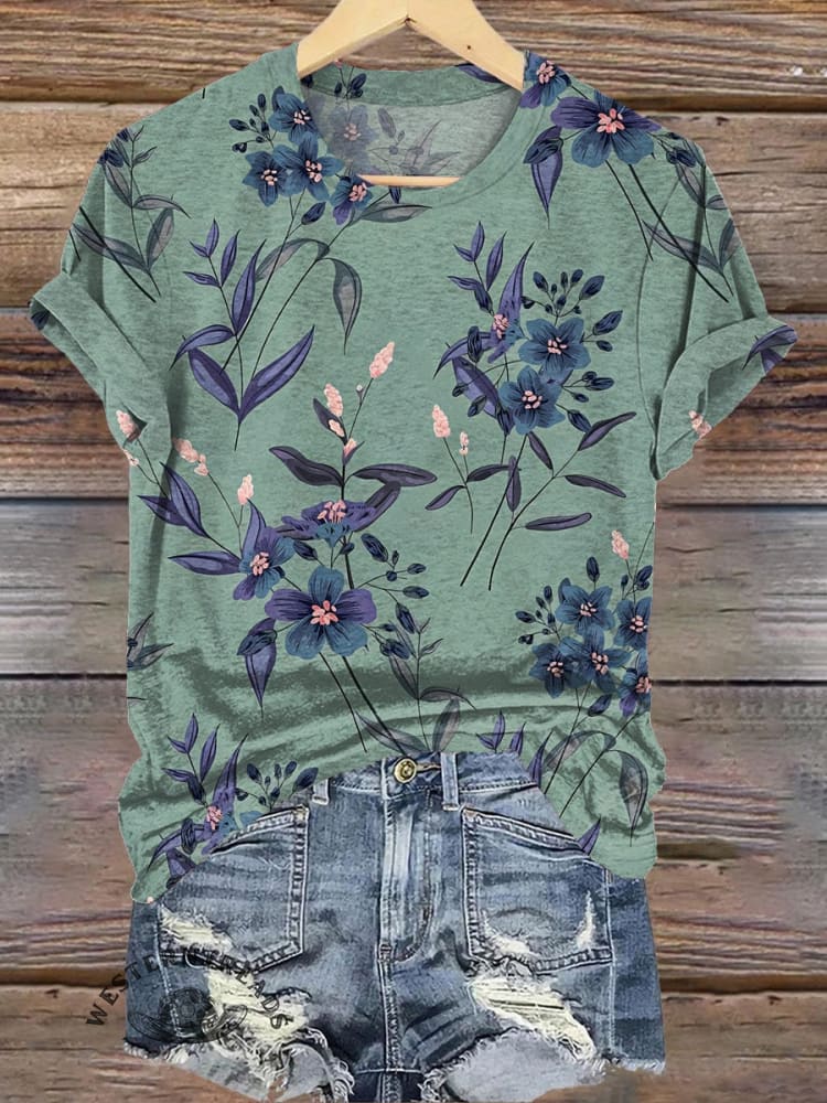 Retro Floral Pattern Print Casual V-neck T-shirt