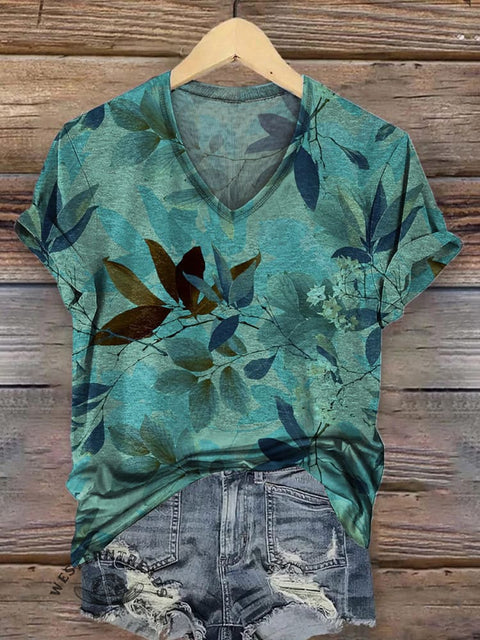 Leaves Pattern Printed Casual V-Neck T-Shirt